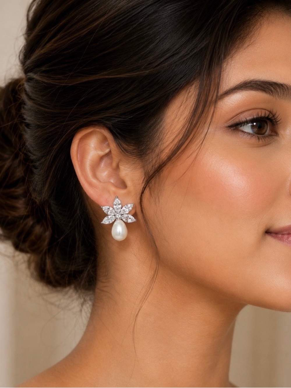 Pearl Drop & CZ Crystal Floral Stud Earrings – Silver Tone